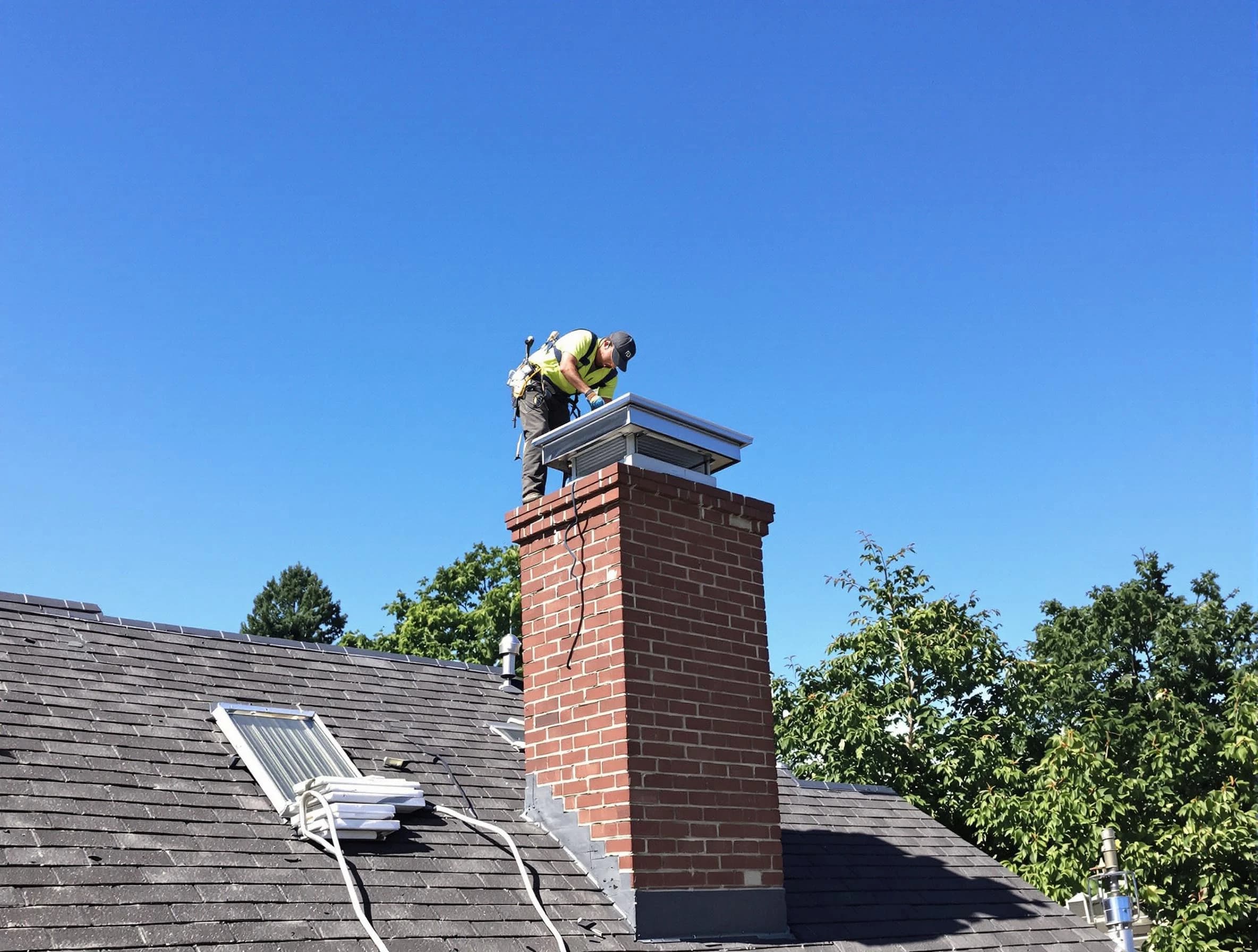 Plum Chimney Sweep technician measuring a chimney cap in Plum, PA